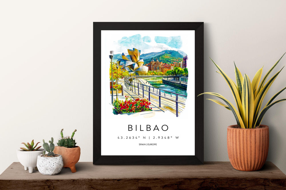 Bilbao Watercolor Poster Bilbao Travel Print Spain Wall Art Bilbao Decor Guggenheim Scene River City View Basque Country Landscape Print