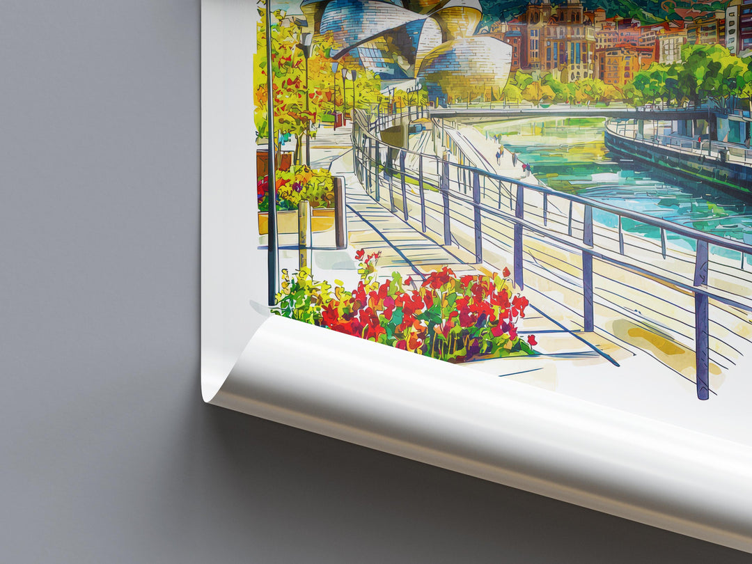 Bilbao Watercolor Poster Bilbao Travel Print Spain Wall Art Bilbao Decor Guggenheim Scene River City View Basque Country Landscape Print