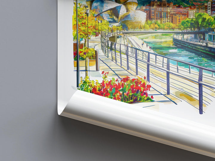 Bilbao Watercolor Poster Bilbao Travel Print Spain Wall Art Bilbao Decor Guggenheim Scene River City View Basque Country Landscape Print