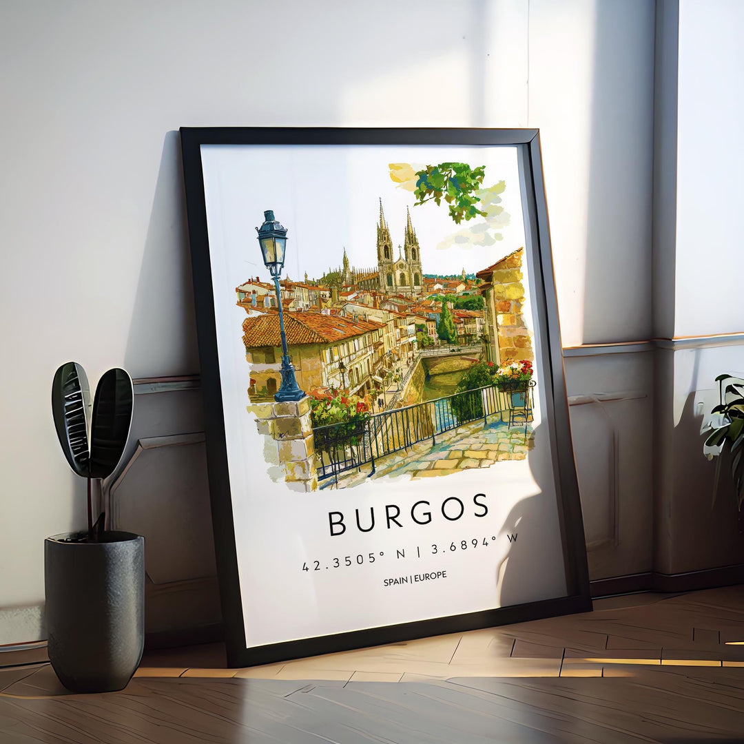 Burgos Watercolor Poster Burgos Travel Print Spain Wall Art Burgos Decor Cathedral Scene Historic City View Spanish Architecture Print