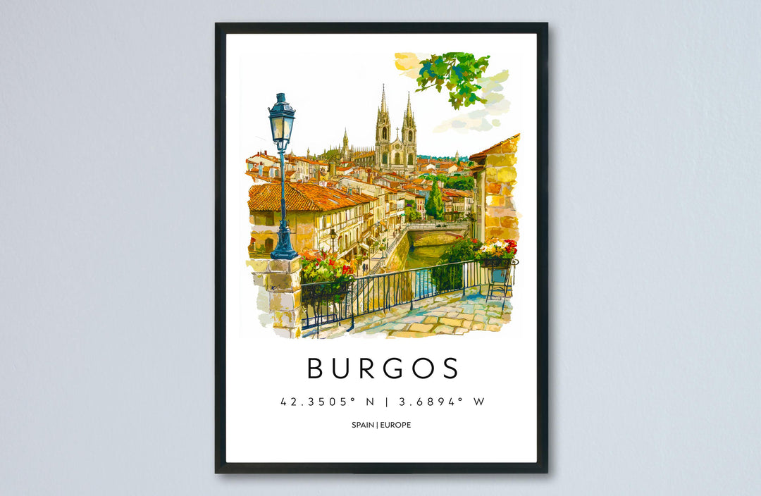 Burgos Watercolor Poster Burgos Travel Print Spain Wall Art Burgos Decor Cathedral Scene Historic City View Spanish Architecture Print