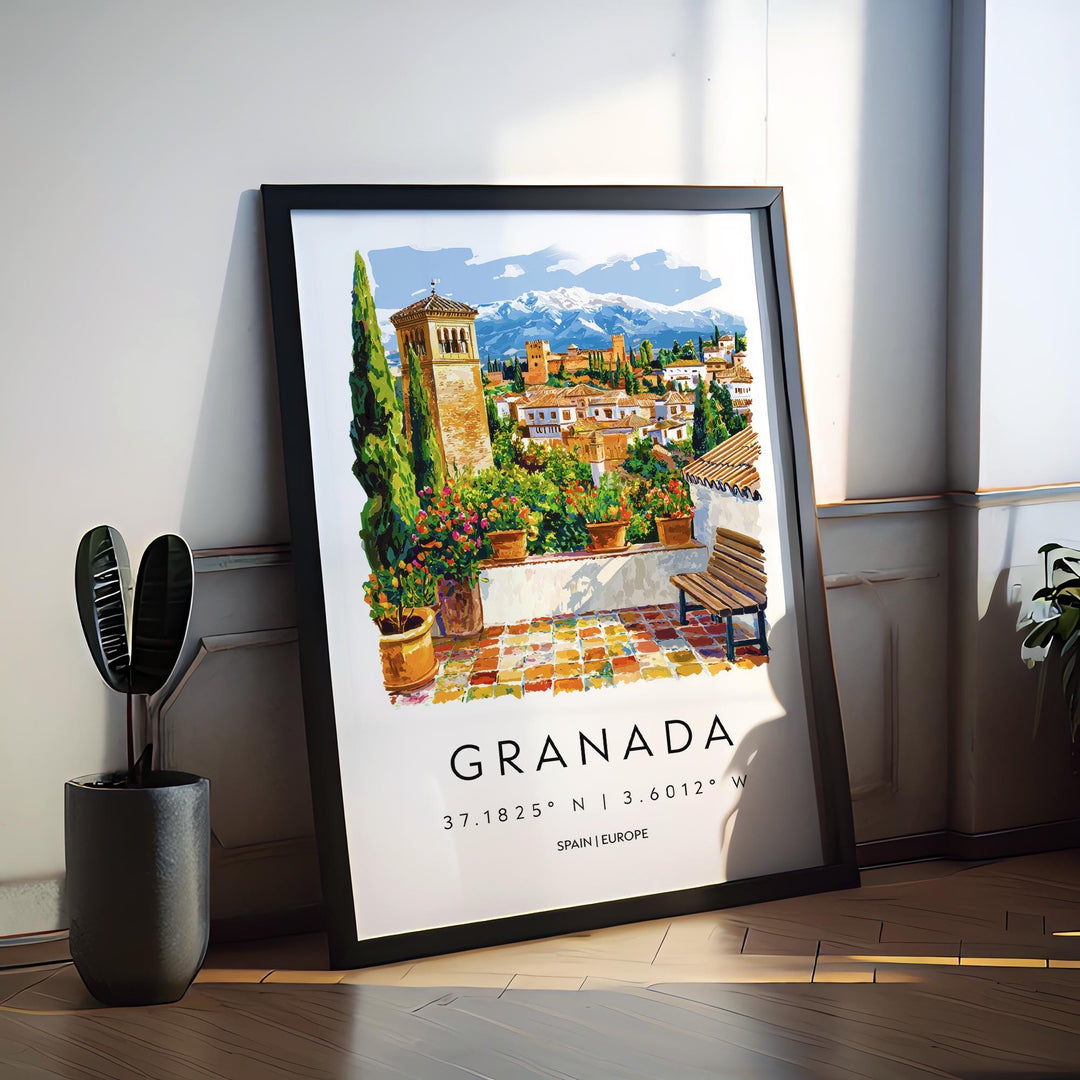 Granada Watercolor Poster Granada Travel Print Spain Wall Art Granada Decor Alhambra Scene Historic City View Andalusia Landscape Print