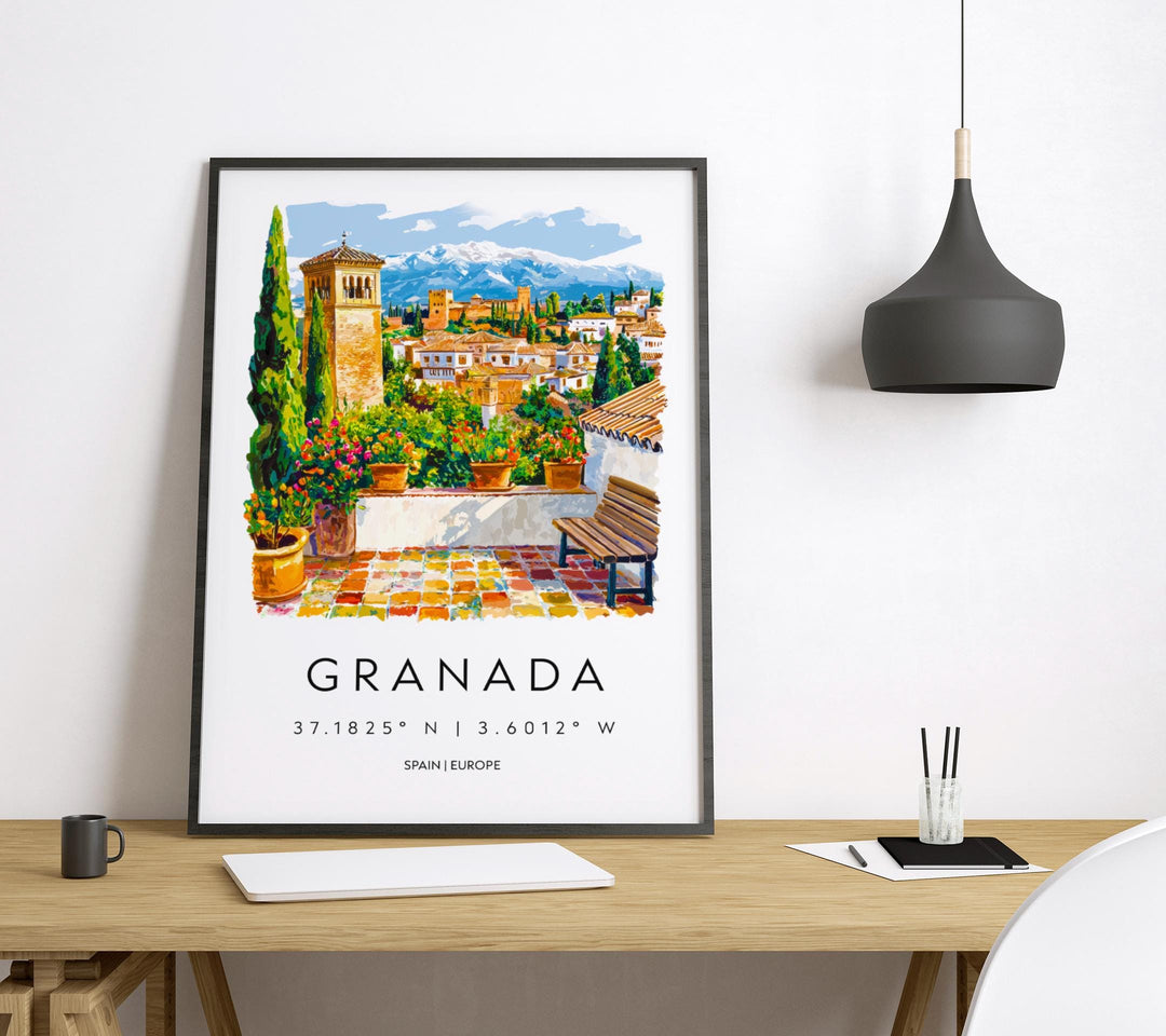 Granada Watercolor Poster Granada Travel Print Spain Wall Art Granada Decor Alhambra Scene Historic City View Andalusia Landscape Print