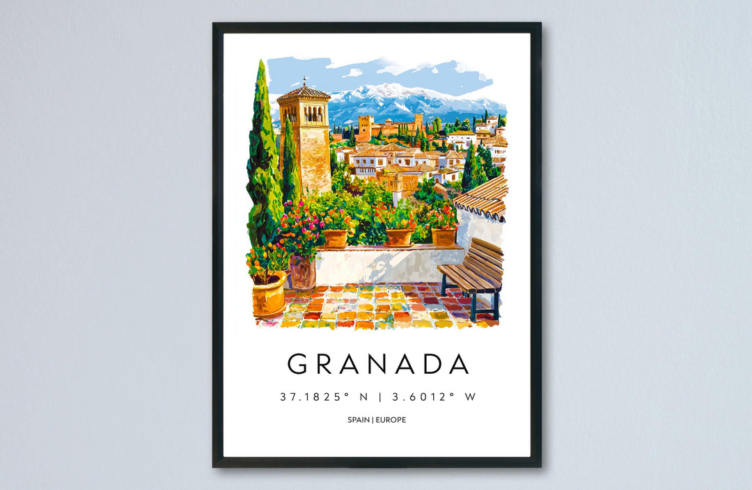 Granada Watercolor Poster Granada Travel Print Spain Wall Art Granada Decor Alhambra Scene Historic City View Andalusia Landscape Print