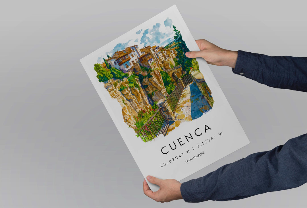 Cuenca Watercolor Poster Cuenca Travel Print Spain Wall Art Cuenca Decor Hanging Houses Scene Historic City View Cliffside Landscape Print