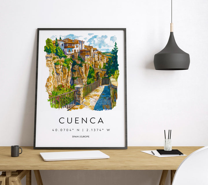 Cuenca Watercolor Poster Cuenca Travel Print Spain Wall Art Cuenca Decor Hanging Houses Scene Historic City View Cliffside Landscape Print