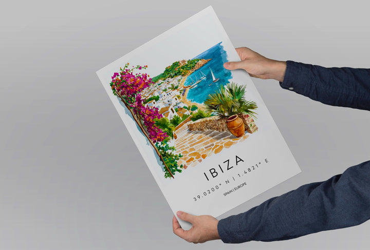 Ibiza Watercolor Poster Ibiza Travel Print Spain Wall Art Ibiza Decor Coastal Scene Sunset Beach View Balearic Island Landscape Print