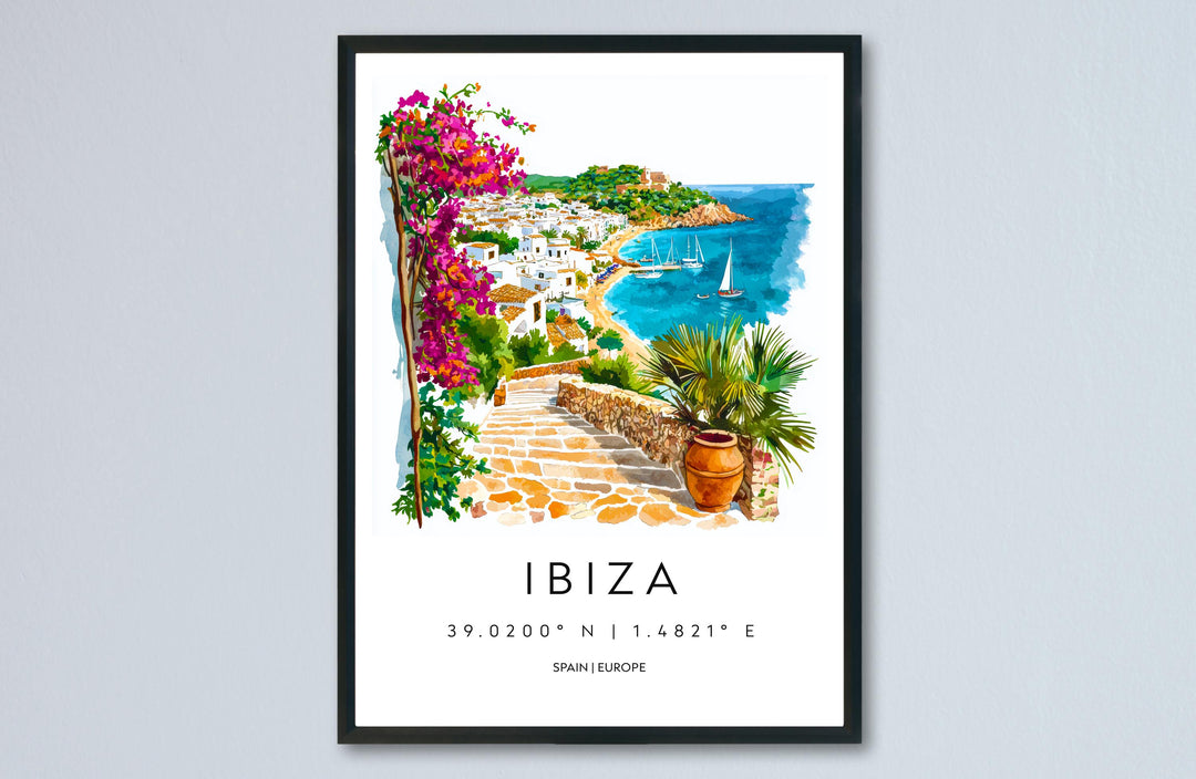Ibiza Watercolor Poster Ibiza Travel Print Spain Wall Art Ibiza Decor Coastal Scene Sunset Beach View Balearic Island Landscape Print