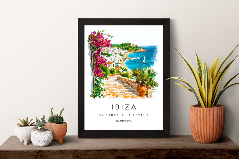 Ibiza Watercolor Poster Ibiza Travel Print Spain Wall Art Ibiza Decor Coastal Scene Sunset Beach View Balearic Island Landscape Print