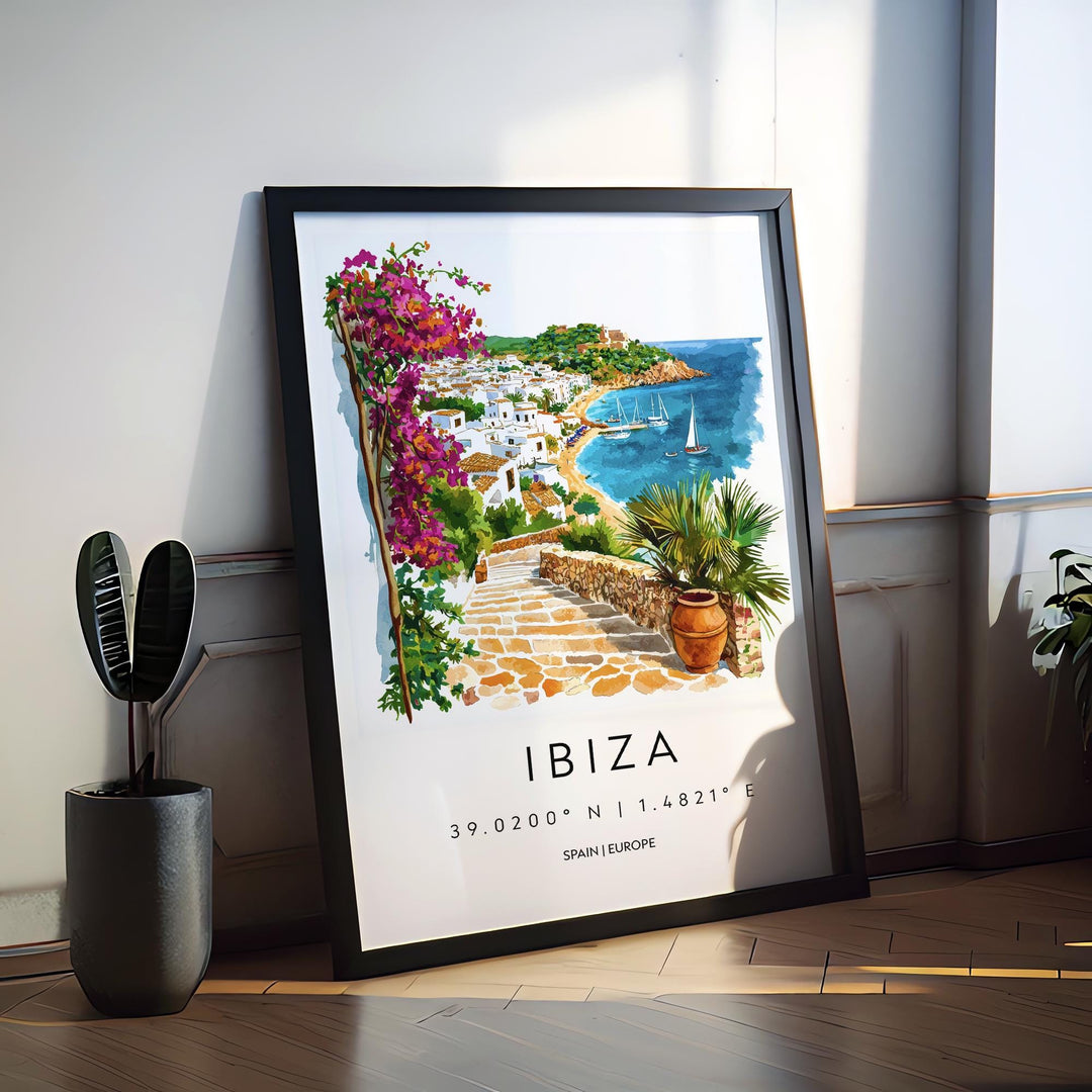 Ibiza Watercolor Poster Ibiza Travel Print Spain Wall Art Ibiza Decor Coastal Scene Sunset Beach View Balearic Island Landscape Print