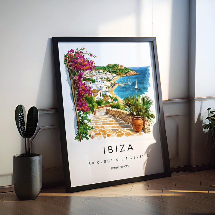 Ibiza Watercolor Poster Ibiza Travel Print Spain Wall Art Ibiza Decor Coastal Scene Sunset Beach View Balearic Island Landscape Print