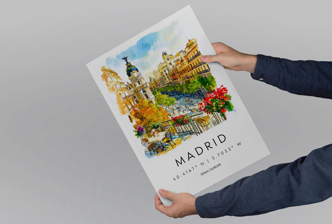 Madrid Watercolor Poster Madrid Travel Print Spain Wall Art Madrid Decor Historic City Scene Plaza View Spanish Architecture Landscape