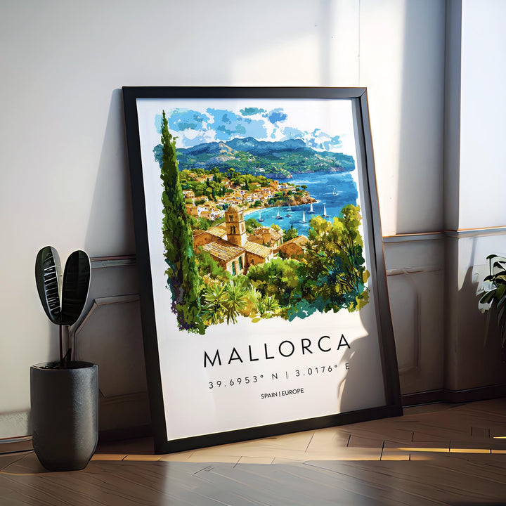 Mallorca Watercolor Poster Mallorca Travel Print Spain Wall Art Mallorca Decor Island Beach Scene Coastal View Mediterranean Landscape