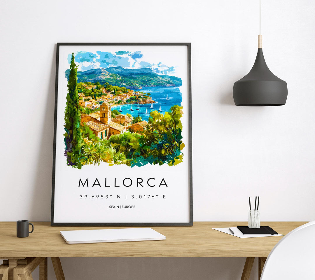Mallorca Watercolor Poster Mallorca Travel Print Spain Wall Art Mallorca Decor Island Beach Scene Coastal View Mediterranean Landscape