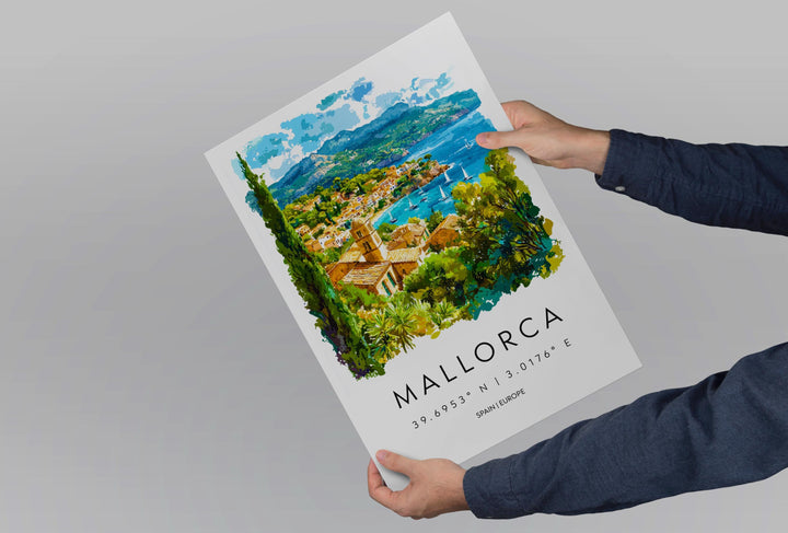 Mallorca Watercolor Poster Mallorca Travel Print Spain Wall Art Mallorca Decor Island Beach Scene Coastal View Mediterranean Landscape
