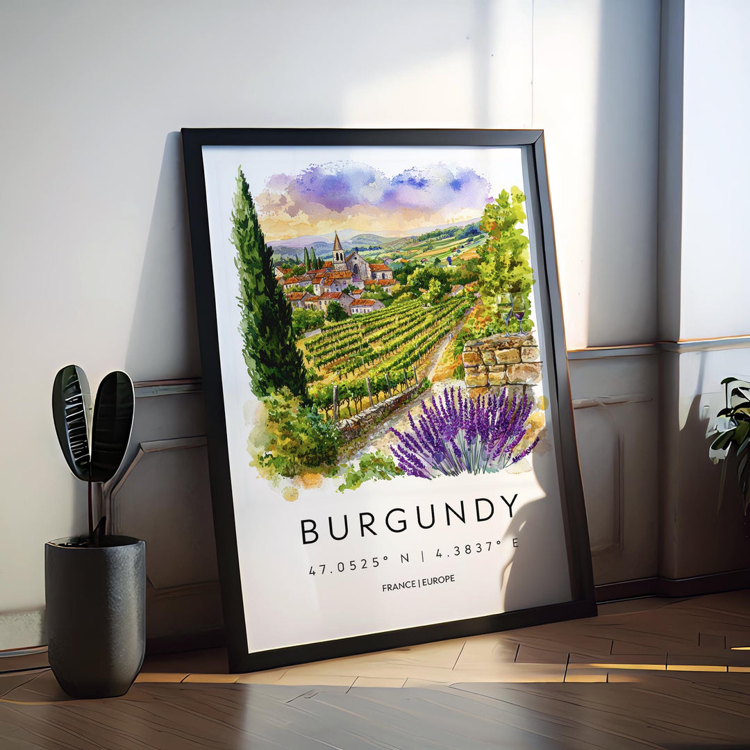 Burgundy Watercolor Poster Burgundy Travel Print France Wall Art Burgundy Decor Vineyard Scene Countryside View Wine Region Print