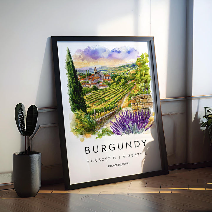 Burgundy Watercolor Poster Burgundy Travel Print France Wall Art Burgundy Decor Vineyard Scene Countryside View Wine Region Print