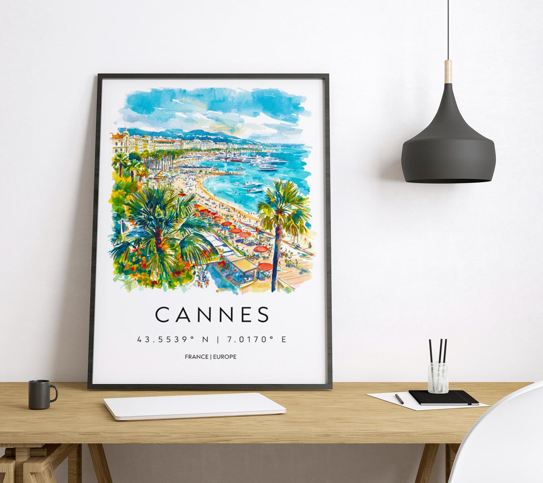 Cannes Watercolor Poster Cannes Travel Print France Wall Art Cannes Decor Riviera Scene Beach View French Coast City Landscape Print