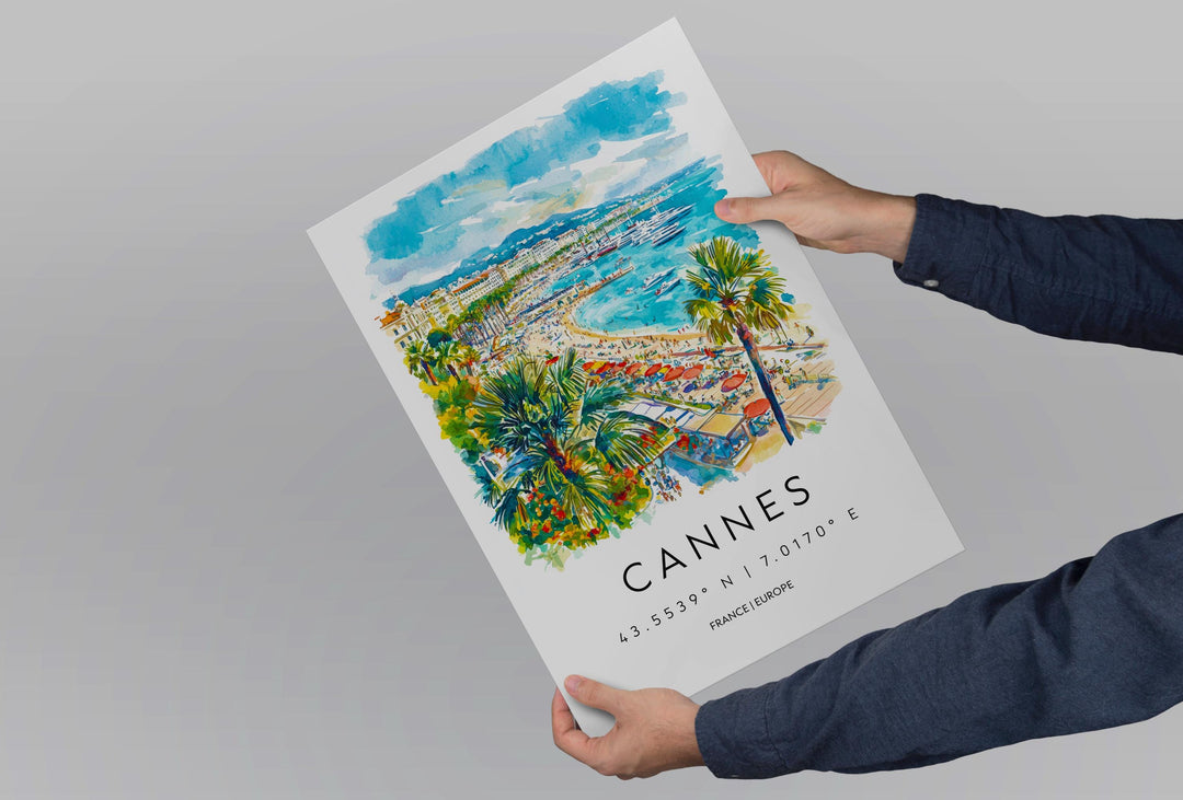 Cannes Watercolor Poster Cannes Travel Print France Wall Art Cannes Decor Riviera Scene Beach View French Coast City Landscape Print