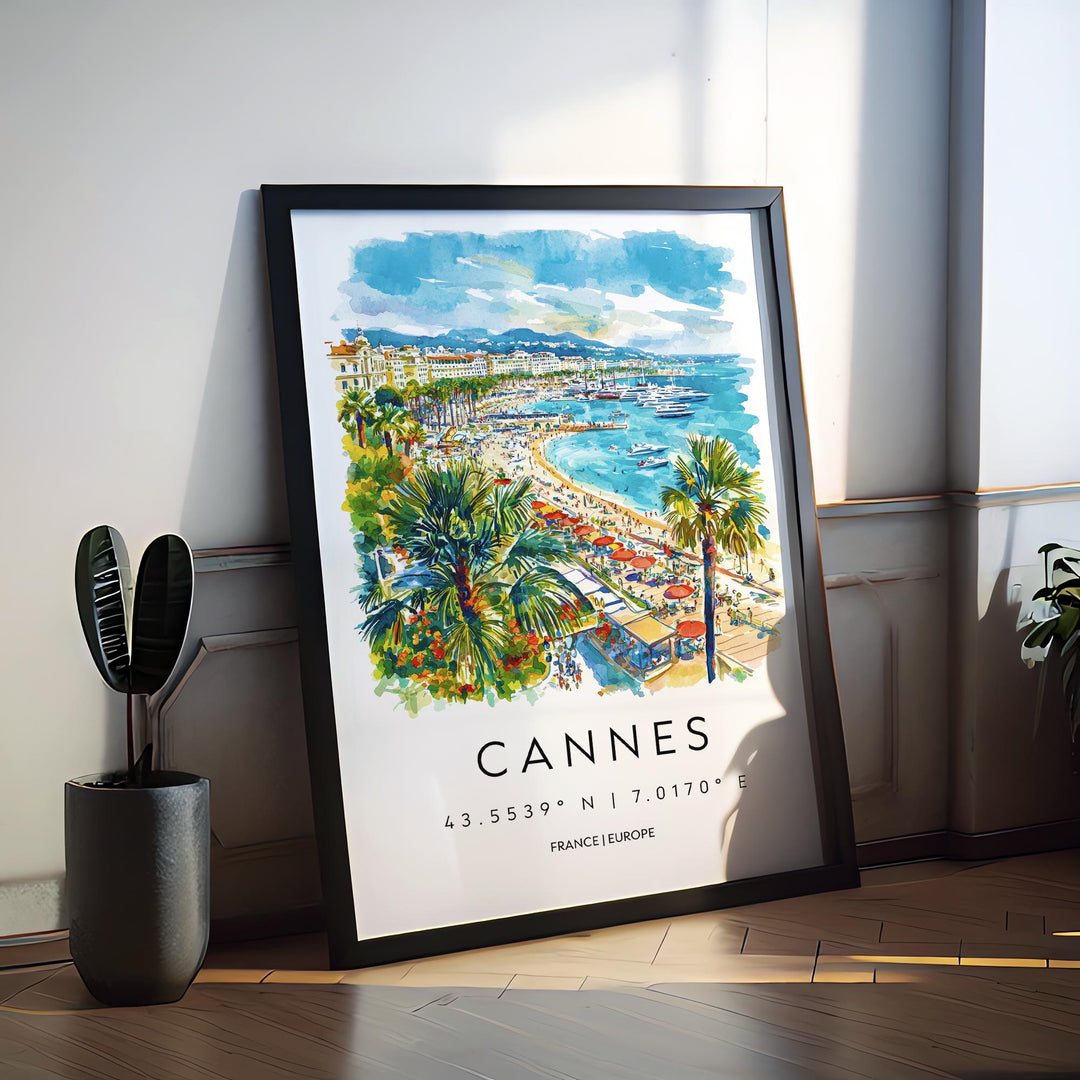 Cannes Watercolor Poster Cannes Travel Print France Wall Art Cannes Decor Riviera Scene Beach View French Coast City Landscape Print