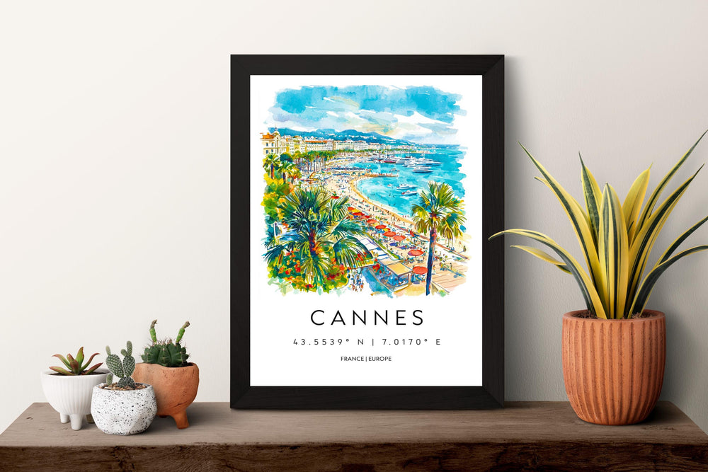 Cannes Watercolor Poster Cannes Travel Print France Wall Art Cannes Decor Riviera Scene Beach View French Coast City Landscape Print