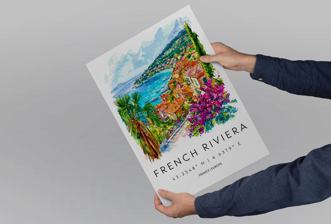 French Riviera Watercolor Poster Travel Print France Wall Art French Riviera Decor Coastal Scene Mediterranean City Beach View Print