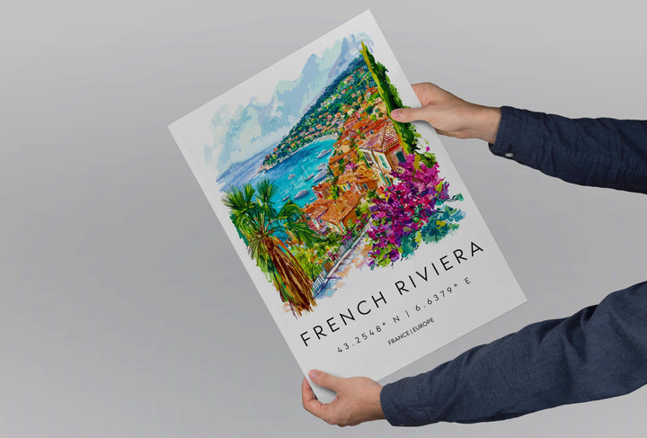 French Riviera Watercolor Poster Travel Print France Wall Art French Riviera Decor Coastal Scene Mediterranean City Beach View Print