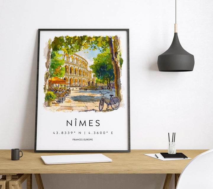 Nimes Watercolor Poster Nimes Wall Art Nimes Travel Print Nimes City Decor Nimes France Painting Nimes Roman Ruins Poster