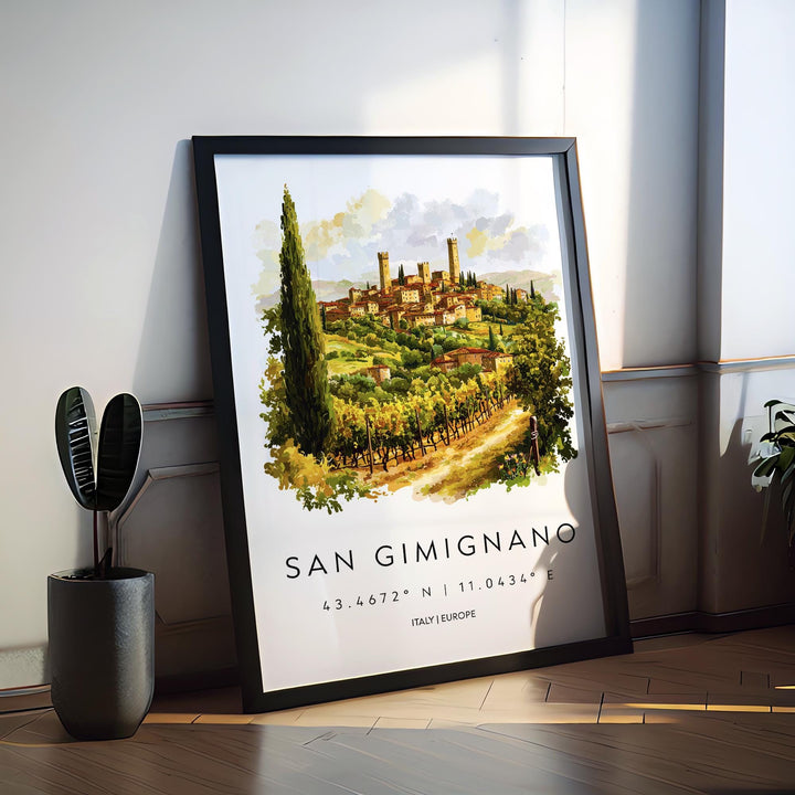 San Gimignano Watercolor Poster San Gimignano Italy Travel Print Wall Art San Gimignano Decor Medieval Tower Town Art Print