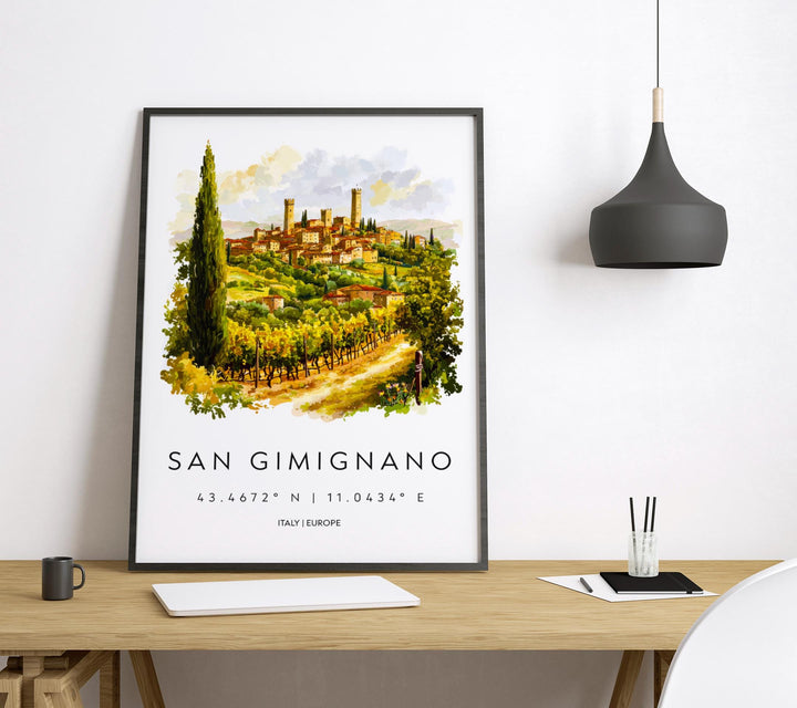 San Gimignano Watercolor Poster San Gimignano Italy Travel Print Wall Art San Gimignano Decor Medieval Tower Town Art Print
