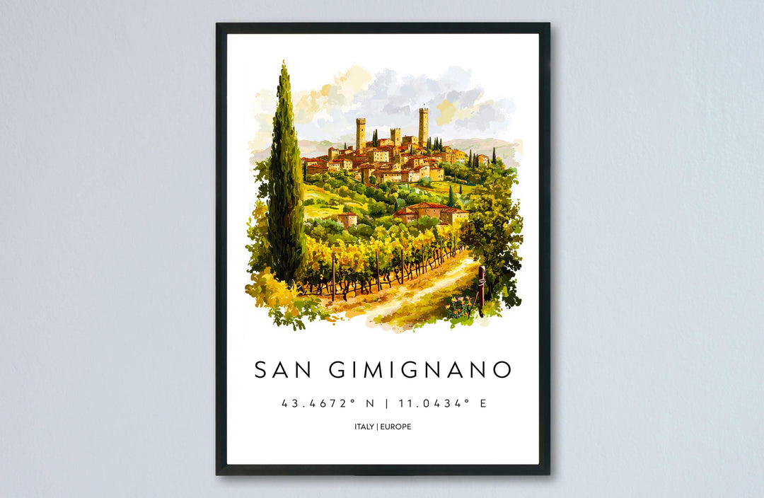 San Gimignano Watercolor Poster San Gimignano Italy Travel Print Wall Art San Gimignano Decor Medieval Tower Town Art Print