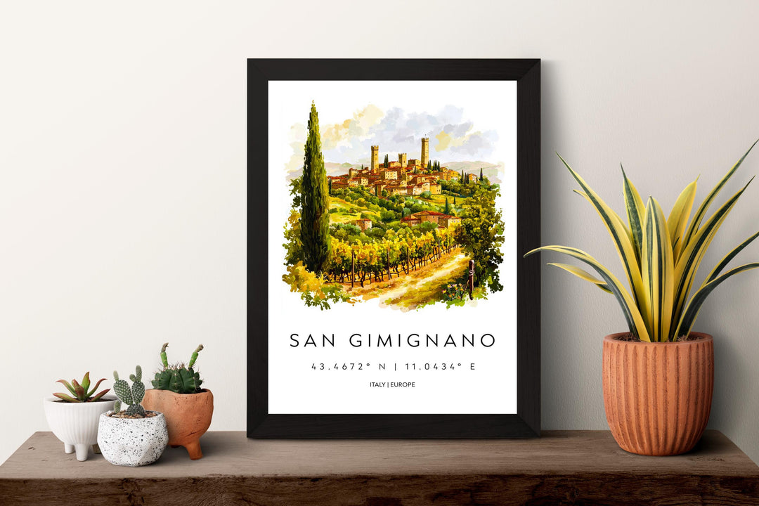 San Gimignano Watercolor Poster San Gimignano Italy Travel Print Wall Art San Gimignano Decor Medieval Tower Town Art Print