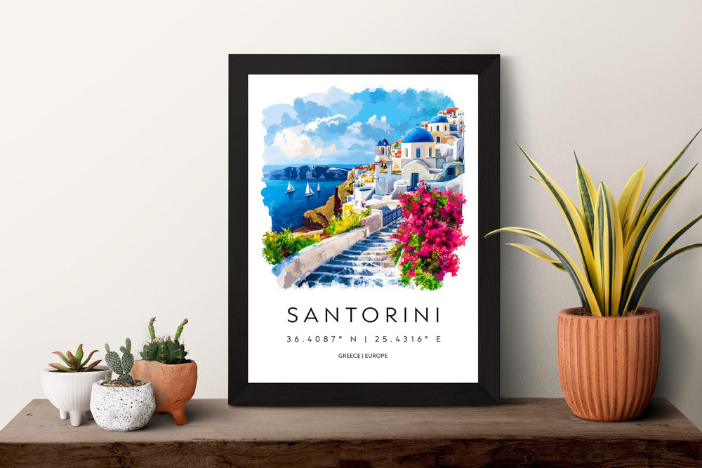 Santorini Watercolor Poster Santorini Greece Travel Print Wall Art Santorini Home Decor Santorini Gift Art Lovers Greece Art Santorini