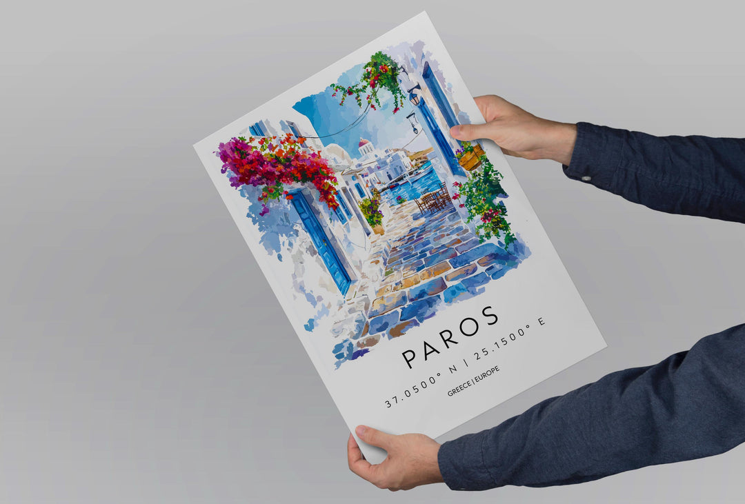 Paros Watercolor Poster Paros Greece Travel Print Wall Art Paros Home Decor Paros Gift Art Lovers Greece Art Paros Island View