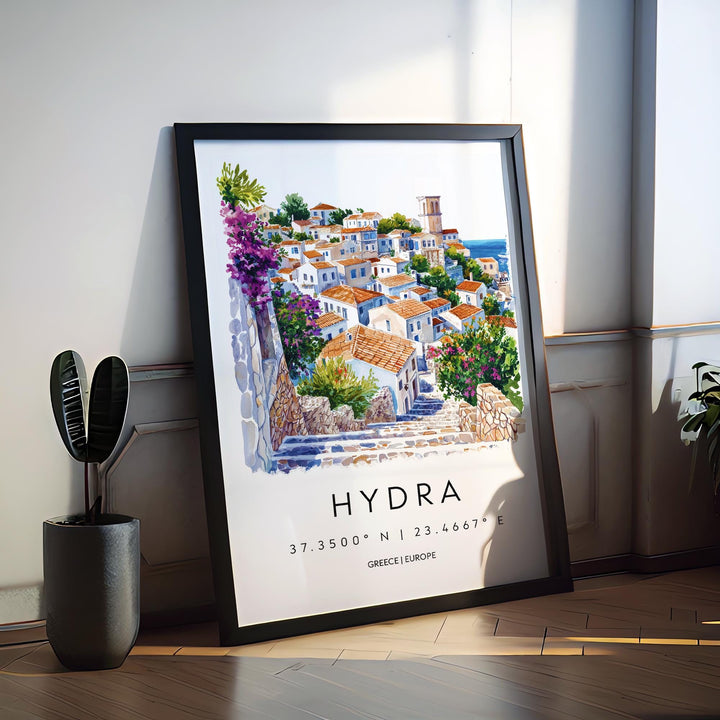 Hydra Watercolor Poster Hydra Greece Travel Print Wall Art Hydra Home Decor Hydra Gift Art Lovers Greece Art Hydra Island View