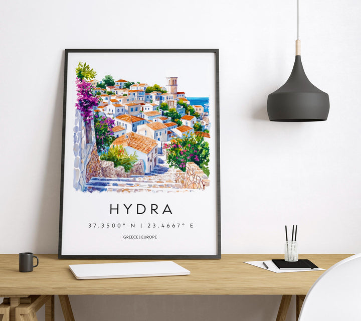 Hydra Watercolor Poster Hydra Greece Travel Print Wall Art Hydra Home Decor Hydra Gift Art Lovers Greece Art Hydra Island View
