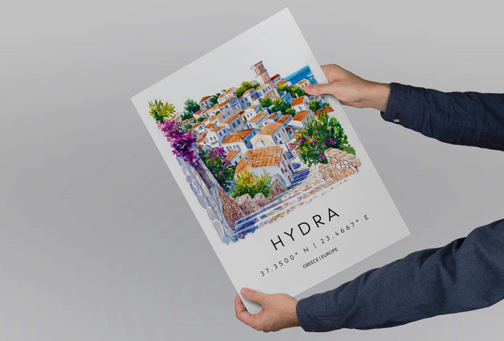 Hydra Watercolor Poster Hydra Greece Travel Print Wall Art Hydra Home Decor Hydra Gift Art Lovers Greece Art Hydra Island View