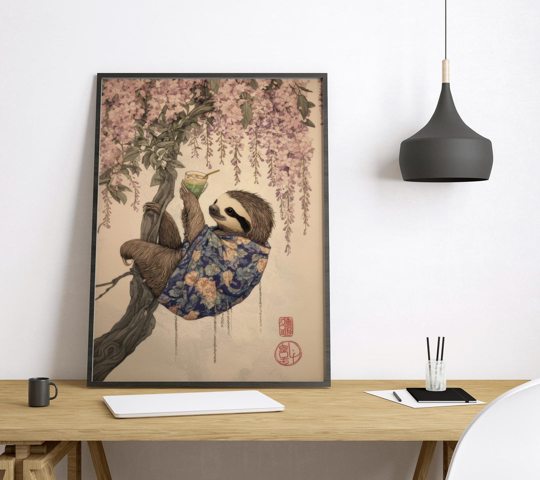 Sloth Drinking Matcha Ukiyo-e Print, Japanese Tea Art