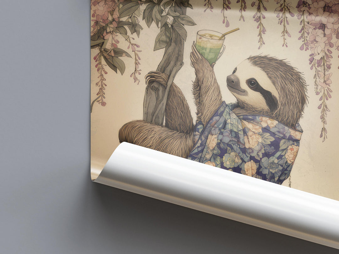 Sloth Drinking Matcha Ukiyo-e Print, Japanese Tea Art