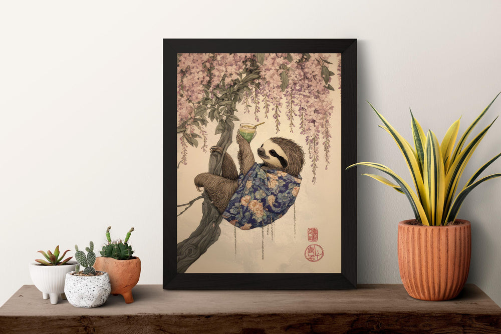 Sloth Drinking Matcha Ukiyo-e Print, Japanese Tea Art