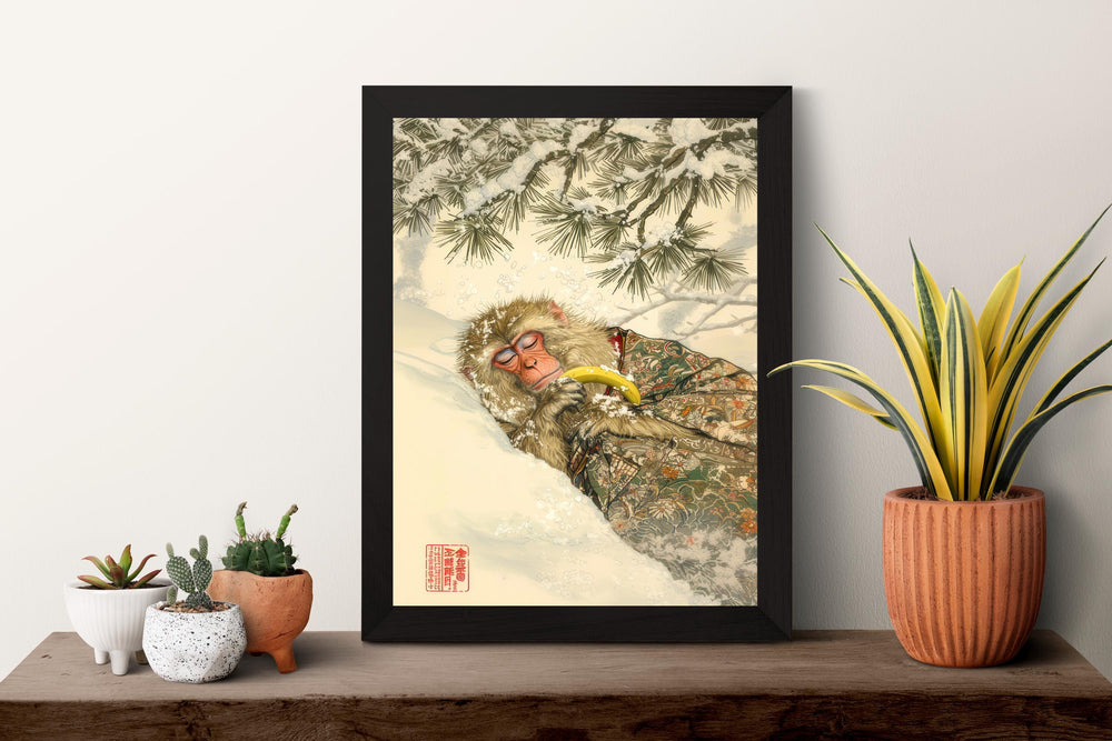 Monkey Sleeping With Banana Woodblock Print Ukiyo-e Style Japanese Animal Art Zen Monkey Wall Decor Japanese Inspired Banana Lover Gift