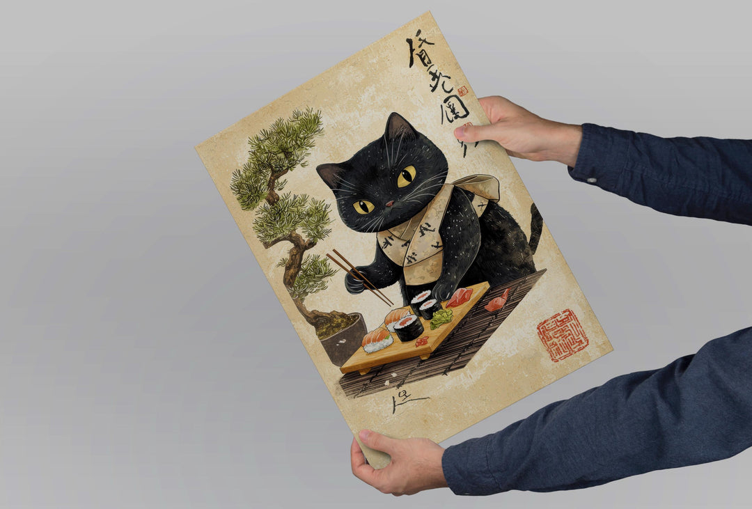 Cat Eating Sushi Print | Ukiyo-e Japanese Food Art