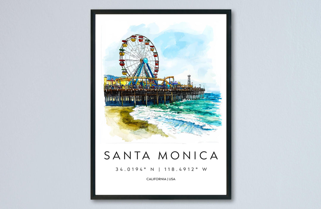 Santa Monica Watercolor Poster Santa Monica California Travel Print Wall Art Santa Monica Home Decor Santa Monica Gift Art Lovers Beach Life