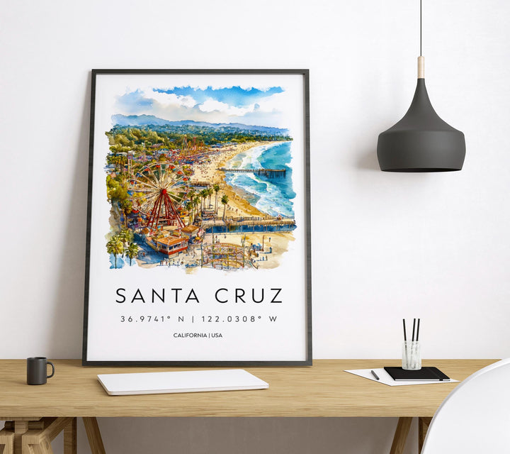 Santa Cruz Watercolor Poster Santa Cruz California Travel Print Wall Art Santa Cruz Home Decor Santa Cruz Gift Art Lovers Beach Town