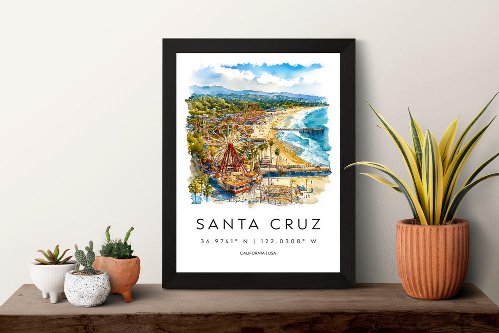 Santa Cruz Watercolor Poster Santa Cruz California Travel Print Wall Art Santa Cruz Home Decor Santa Cruz Gift Art Lovers Beach Town