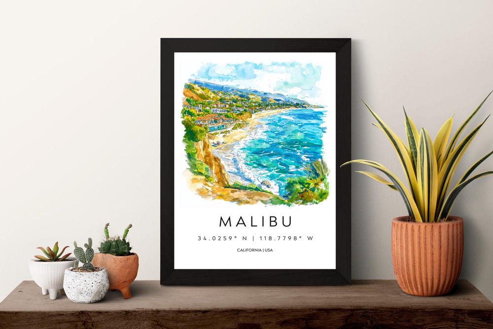 Malibu Watercolor Poster Malibu California Travel Print Wall Art Malibu Home Decor Malibu Gift Art Lovers California Beach Town