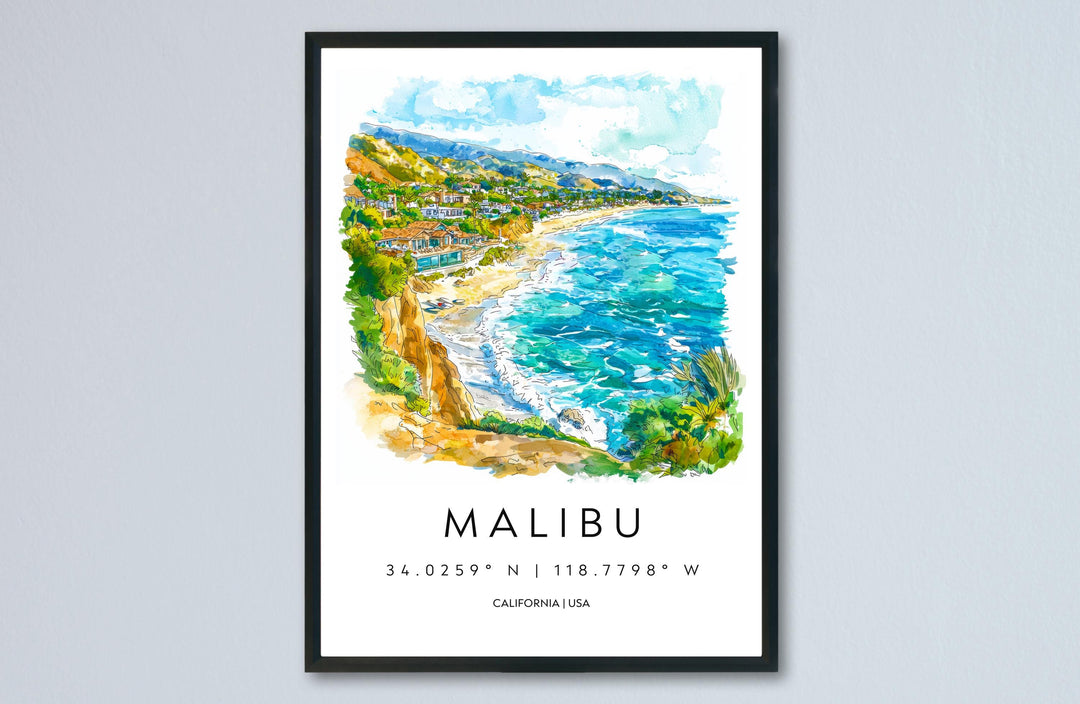 Malibu Watercolor Poster Malibu California Travel Print Wall Art Malibu Home Decor Malibu Gift Art Lovers California Beach Town