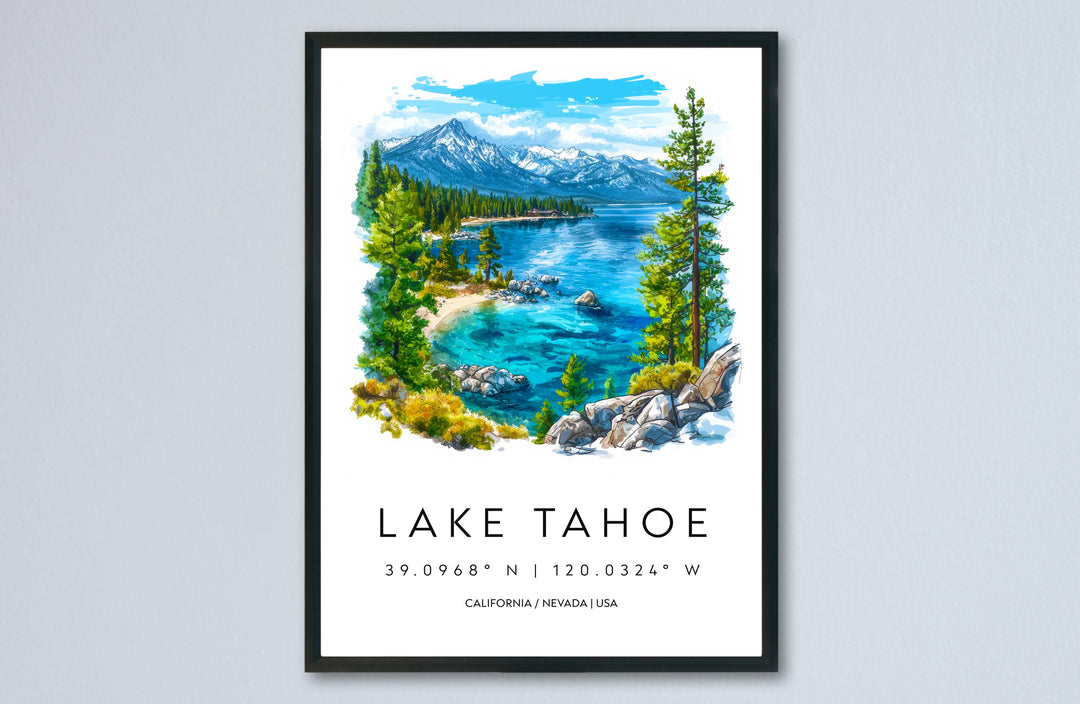 Lake Tahoe Watercolor Poster Lake Tahoe California Travel Print Wall Art Lake Tahoe Home Decor Lake Tahoe Gift Art Lovers Lake Tahoe