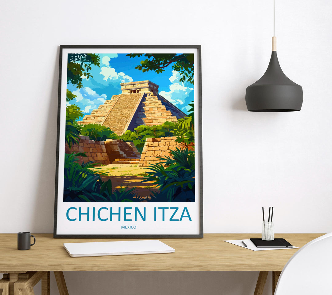 Chichen Itza Travel Poster Mexico Wall Art Mayan Ruins Print Ancient Decor Mexican Gift Souvenir Scene World Heritage Landmark Art