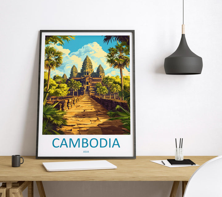 Cambodia Travel Poster Asia Wall Art Angkor Wat Temple Print Ancient Decor Cambodian Gift Souvenir Scene Southeast Asia Landmark Art